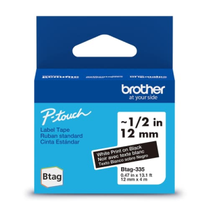 Brother Genuine BTAG335 Non-Laminated Tape for P-touch Label Makers, White on Black ? 12 mm wide x 4 m long