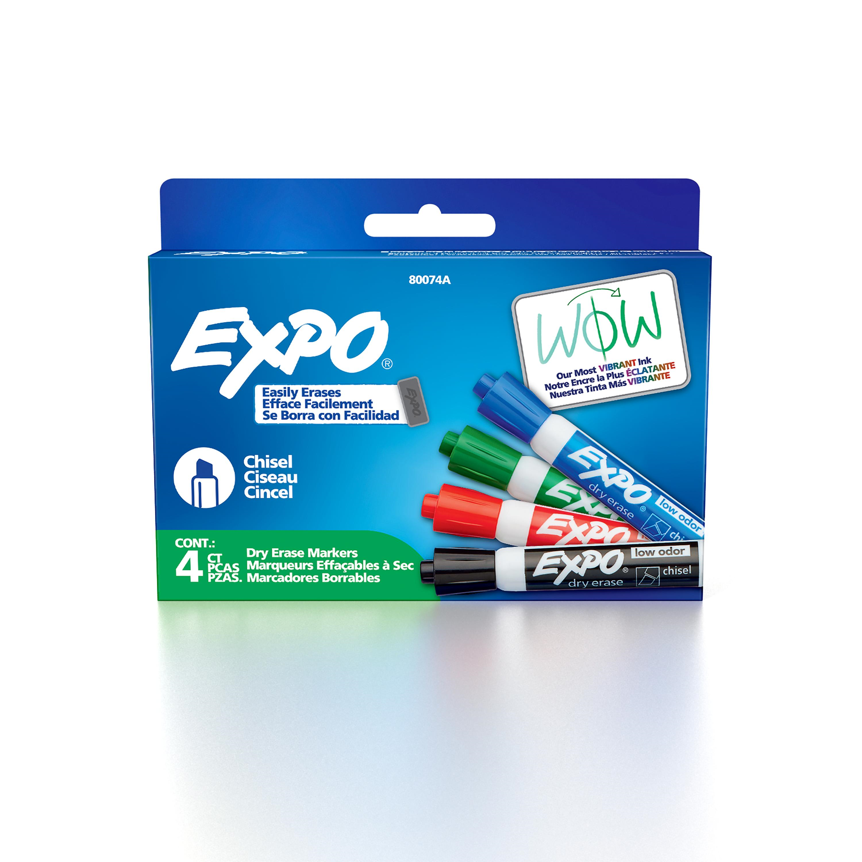 EXPO Dry Erase Markers, Low Odour Ink, Assorted Colours, Chisel Tip, 4 Count