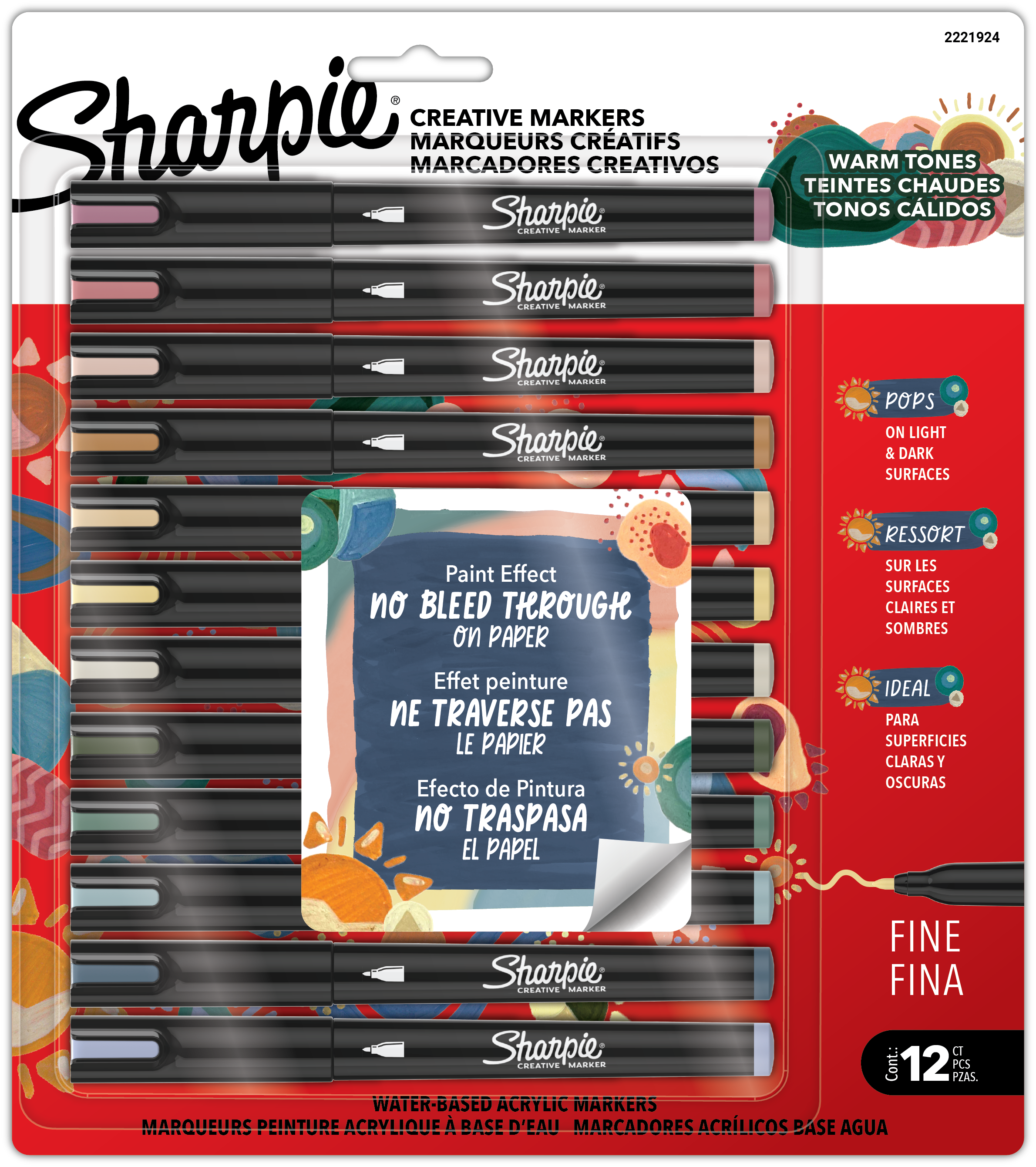 Sharpie Creative Markers, Warm Tones, Water-Based Acrylic Markers, Fine Tip, Assorted Colours, 12 Count
