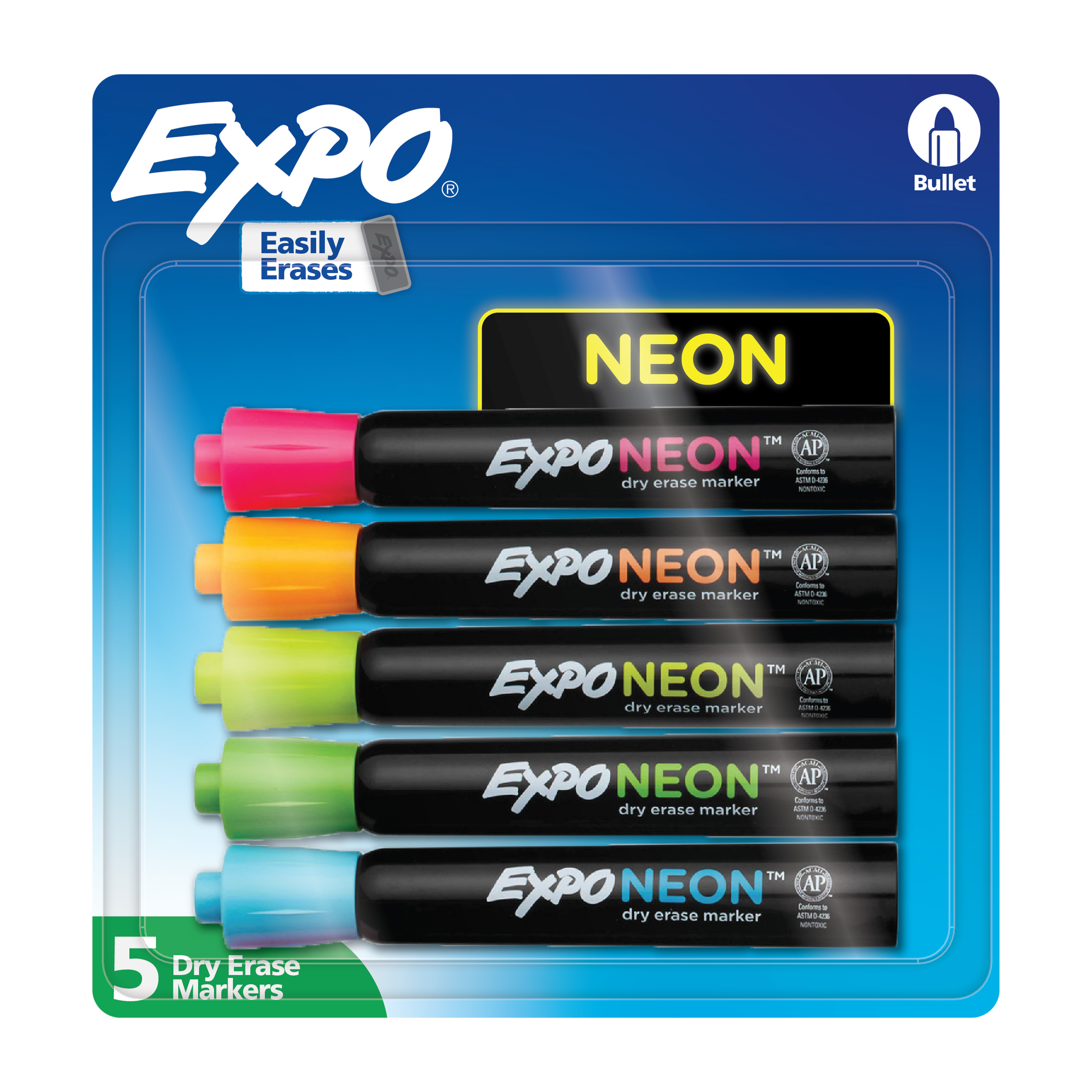 EXPO Neon Dry Erase Markers, Assorted Colours, Bullet Tip, 5 Count