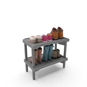 (CUSMA form attached) Rakabot Plastico 2 tier affordable water and mud collecting shoe and boot rack that stores 4 pairs. Stackable to 6 tier. Sturdy plastic easy to clean. Light grey color. Made In Canada Invention.