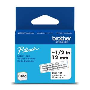 Brother Genuine BTAG131 Non-Laminated Tape for P-touch Label Makers, Black on Clear ? 12 mm wide x 4 m long