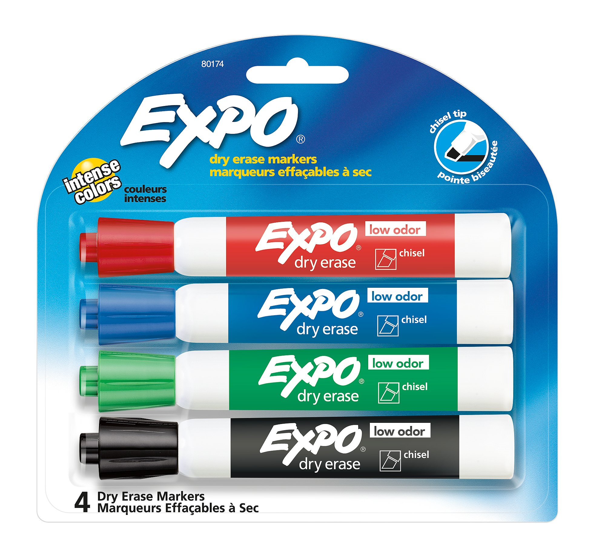 EXPO Dry Erase Markers, Low Odour Ink, Assorted Colours, Chisel Tip, 4 Count