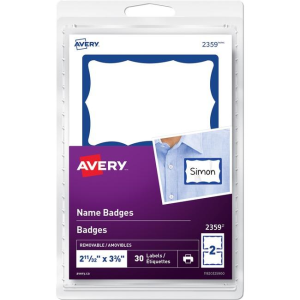 Avery Print or Write Name Badges 2-11/32" x 3?", White Paper w Blue Border, 30/pkg