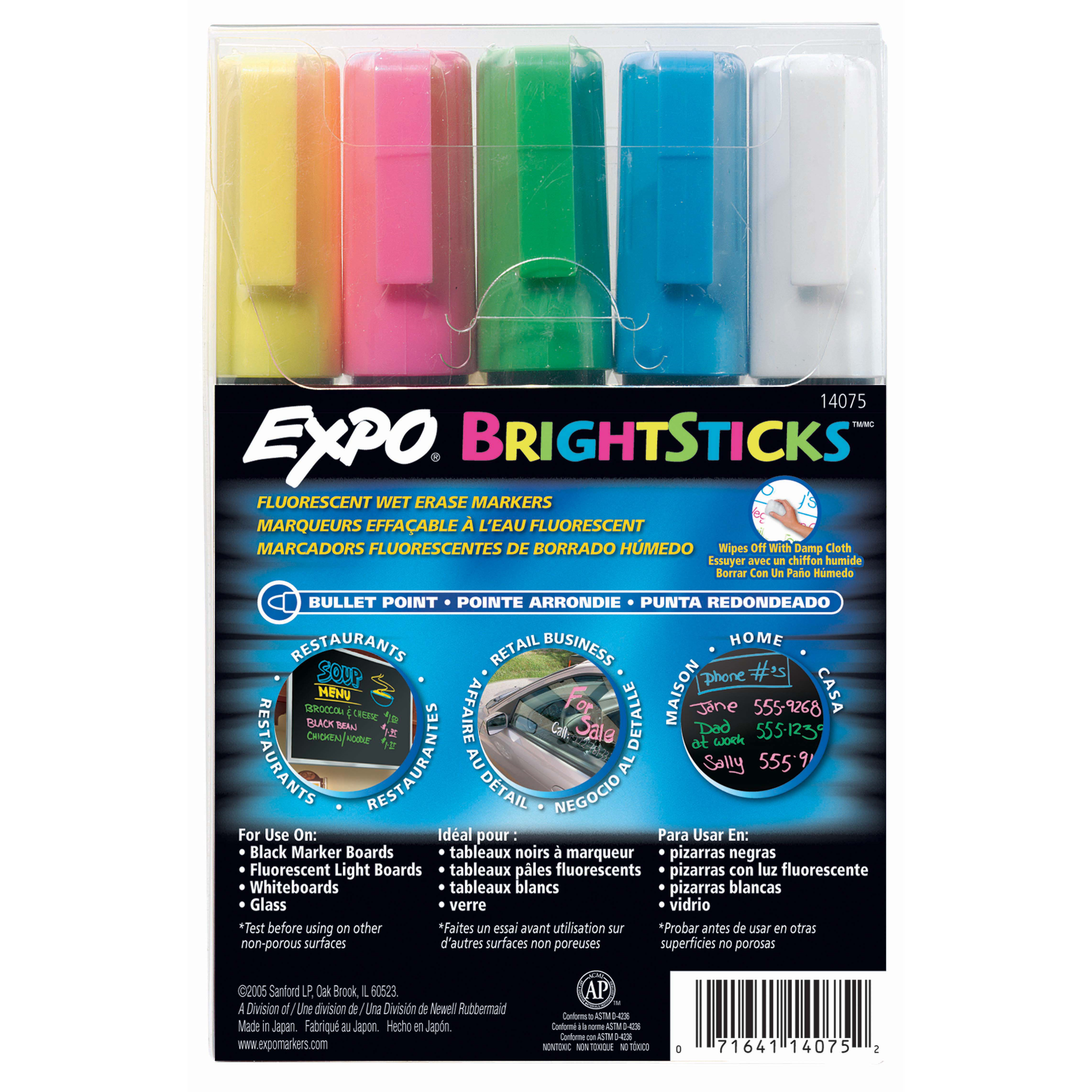 Expo Bright Sticks Wet Erase Fluorescent Markers, Bullet Tip, Assorted Colours, 5 Count