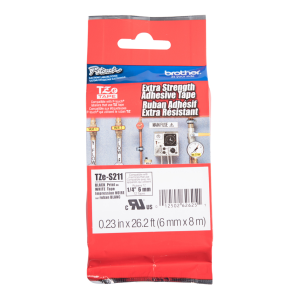 Brother Genuine TZe-S211 Black on White Extra Strength Adhesive Tape for P-touch Label Makers, 6 mm wide x 8 m long
