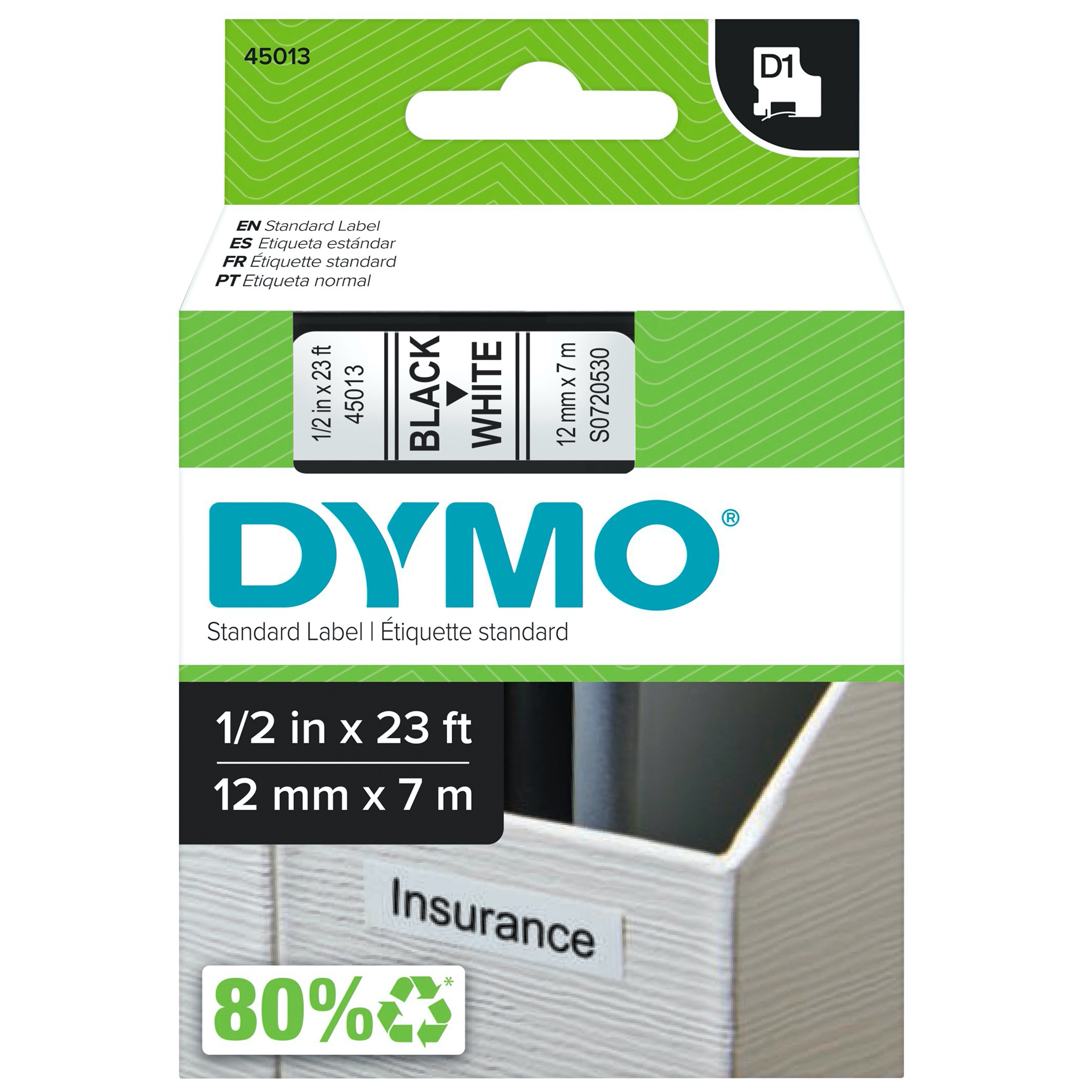 DYMO D1 Standard Labels for LabelManager Label Makers, 1/2" x 23-Foot, Black Print on White Tape, Self-Adhesive, 1 Cartridge