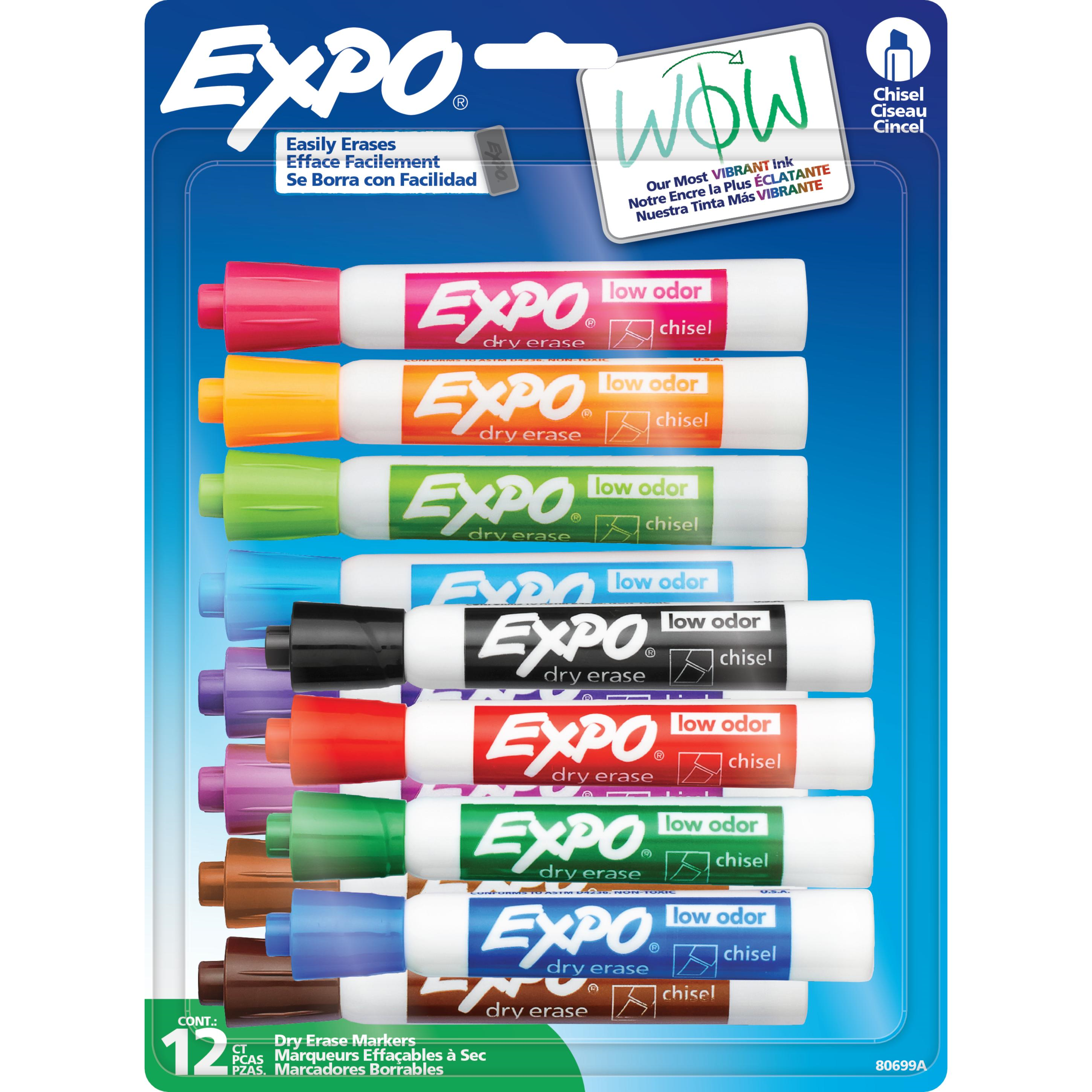 EXPO Dry Erase Markers, Low Odour Ink, Assorted Colours, Chisel Tip, 12 Count