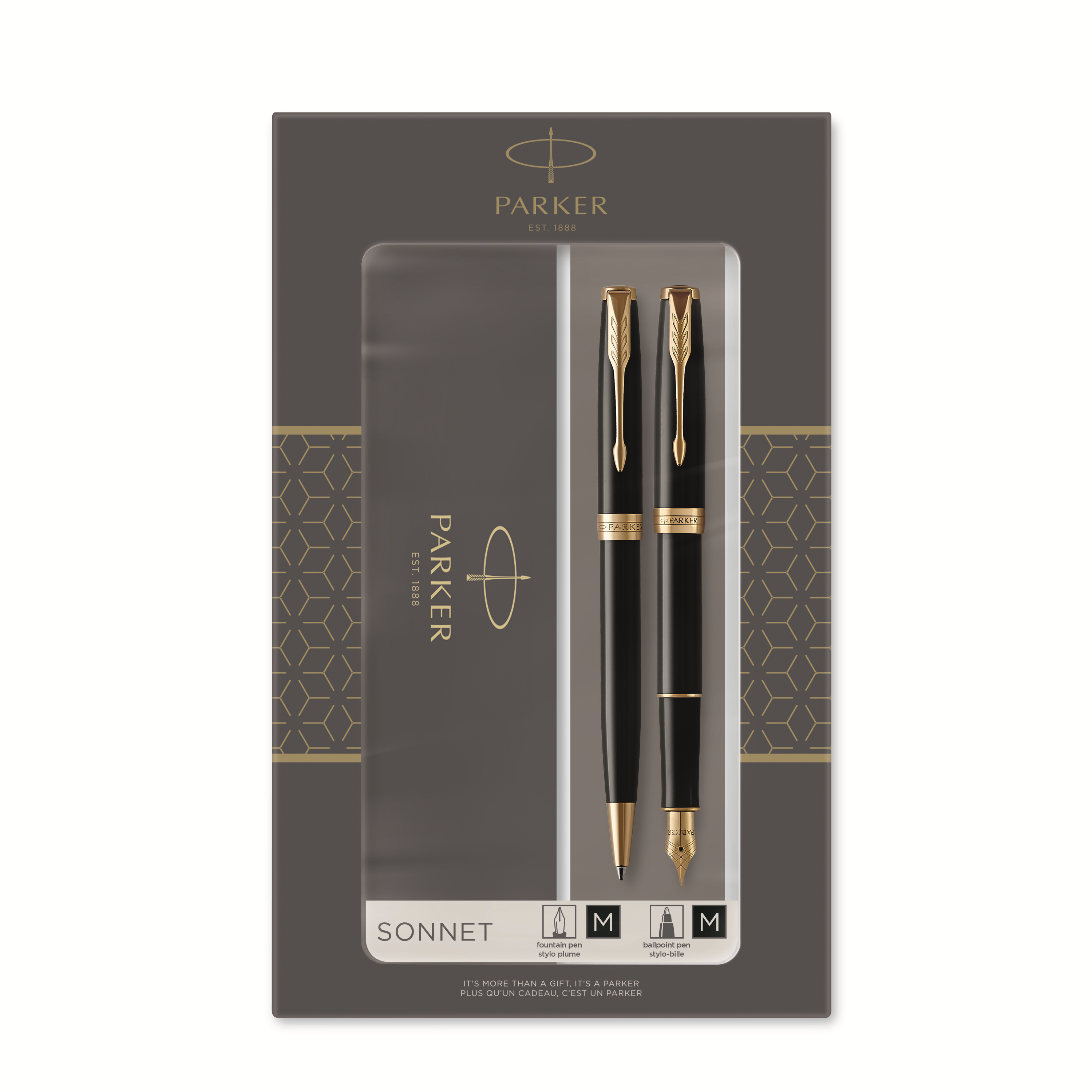 Parker Sonnet Duo Gift Set with Ballpoint Pen & Fountain Pen (18K Gold Nib) | Gloss Black with Gold Trim | Black Refill & Cartridges