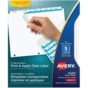 INDEX MAKER CLEAR LABEL DIVIDERS, 5 TAB, 5 SETS, WHITE