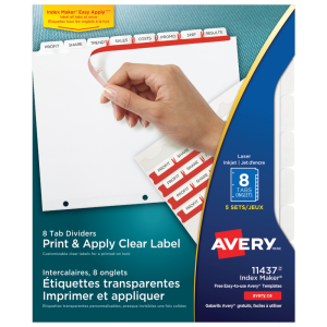 11437 INDEX MAKER CLEAR LABEL DIVIDERS, 8 TAB, 5 SETS, WHITE