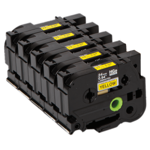Brother HGE6515 Pack Black on Yellow HGe 24 mm Tape with Standard Adhesive, 8 m   5-pack