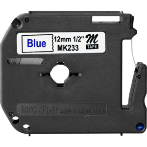 Brother Genuine MK233 Blue on White Non-Laminated Tape for P-touch Label Makers, 12 mm wide x 8 m long