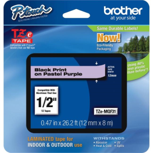 Brother Genuine TZEMQF31 Black Print on Pastel Purple Tape for P-touch Label Makers, 12 mm wide x 4 m long