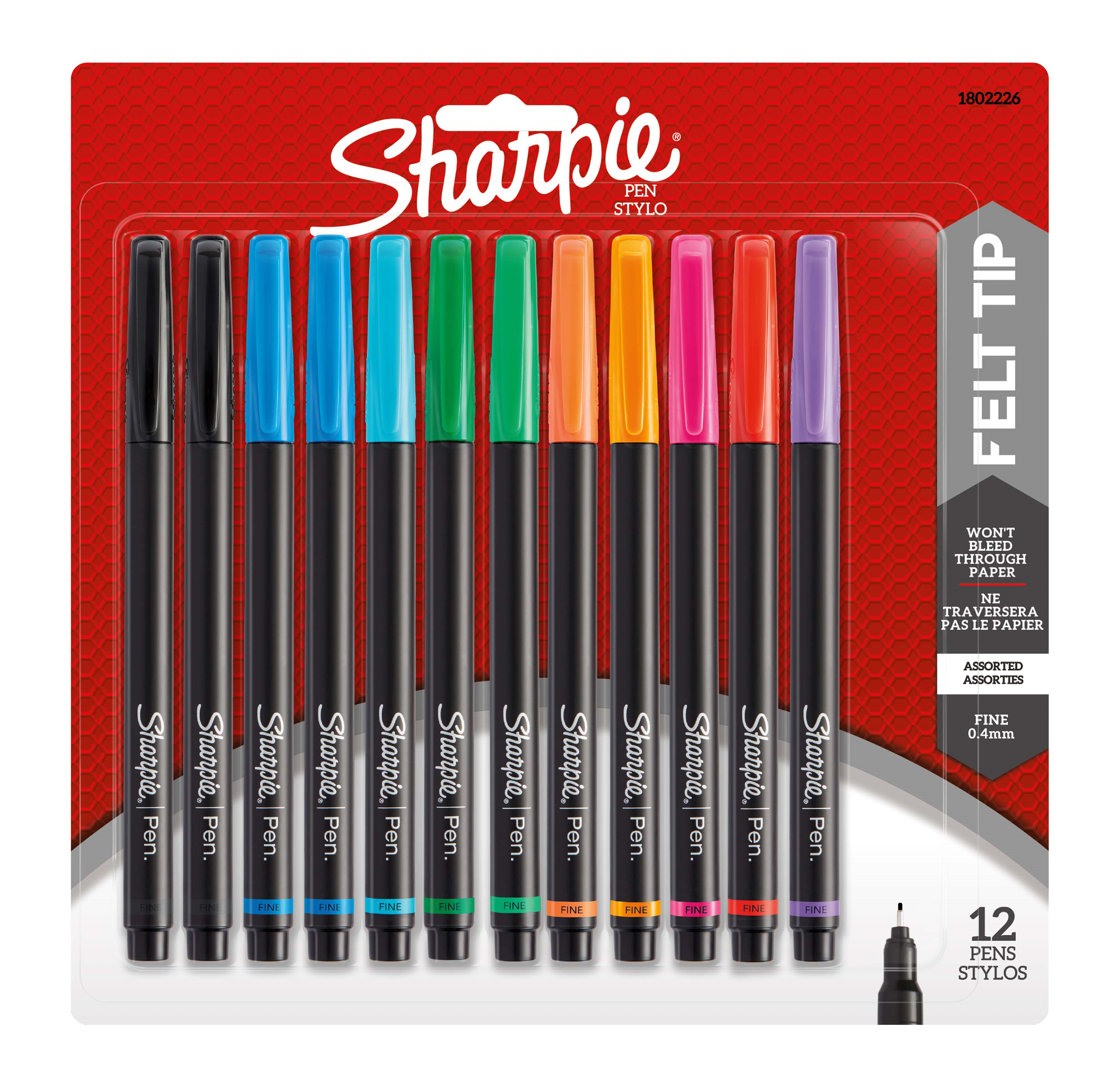 Sharpie Pens, Felt Tip, Fine Point (0.4 mm), Assorted Colours, 12 Count