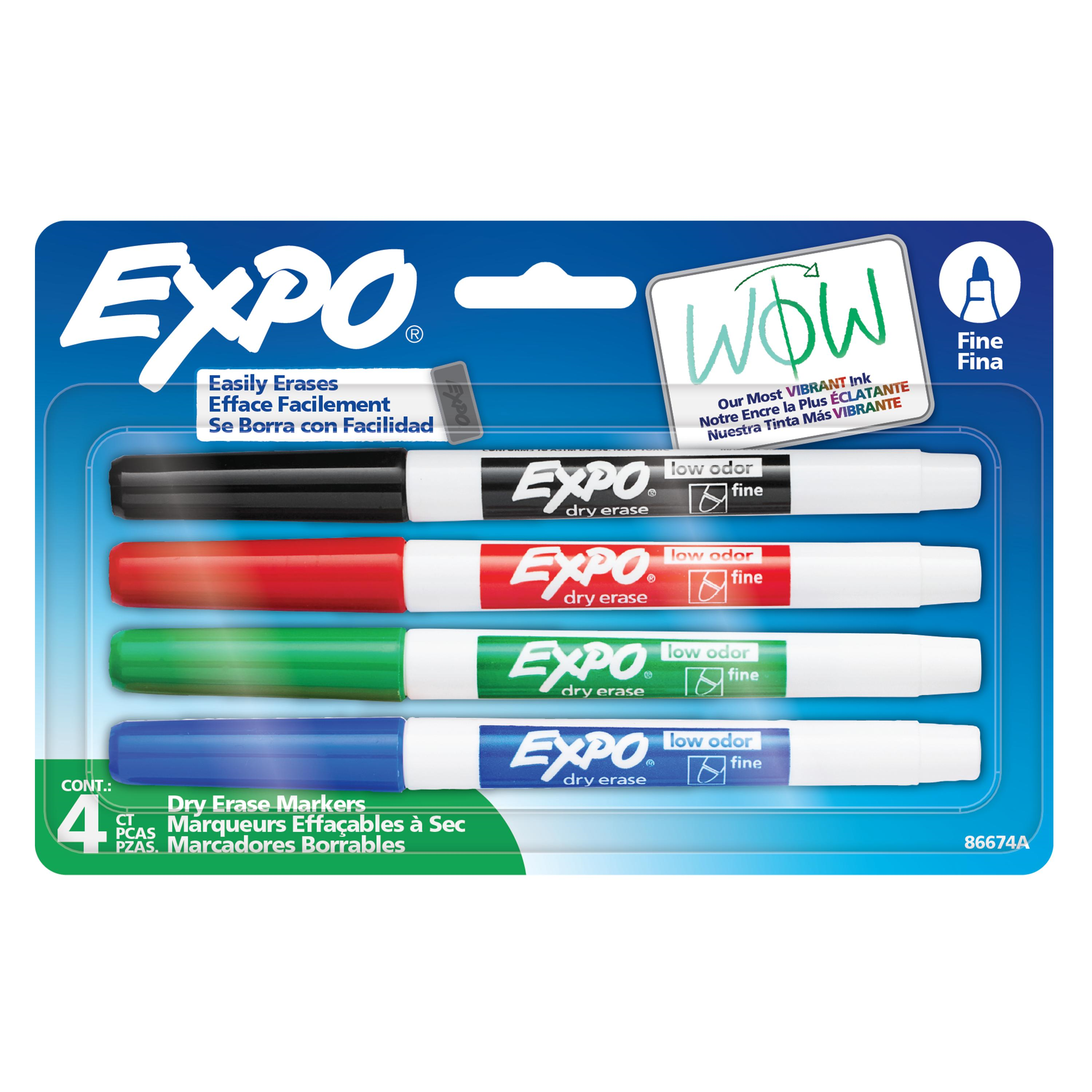 EXPO Dry Erase Markers, Low Odour Ink, Assorted Colours, Fine Tip, 4 Count