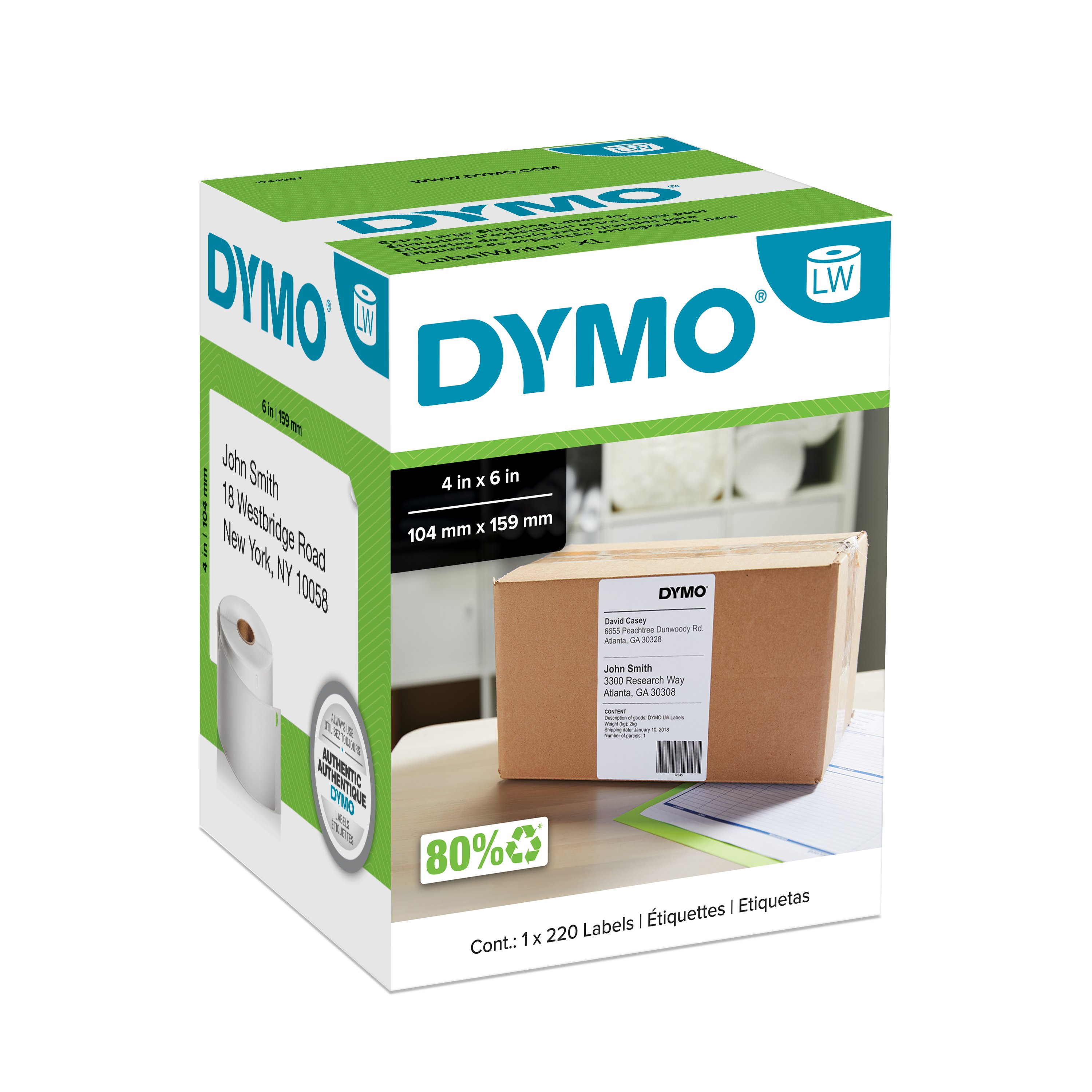 DYMO Authentic LW Extra-Large Shipping Labels, DYMO Labels for LabelWriter 5XL and 4XL Label Printers Only, White, 4" x 6", 1 Roll of 220