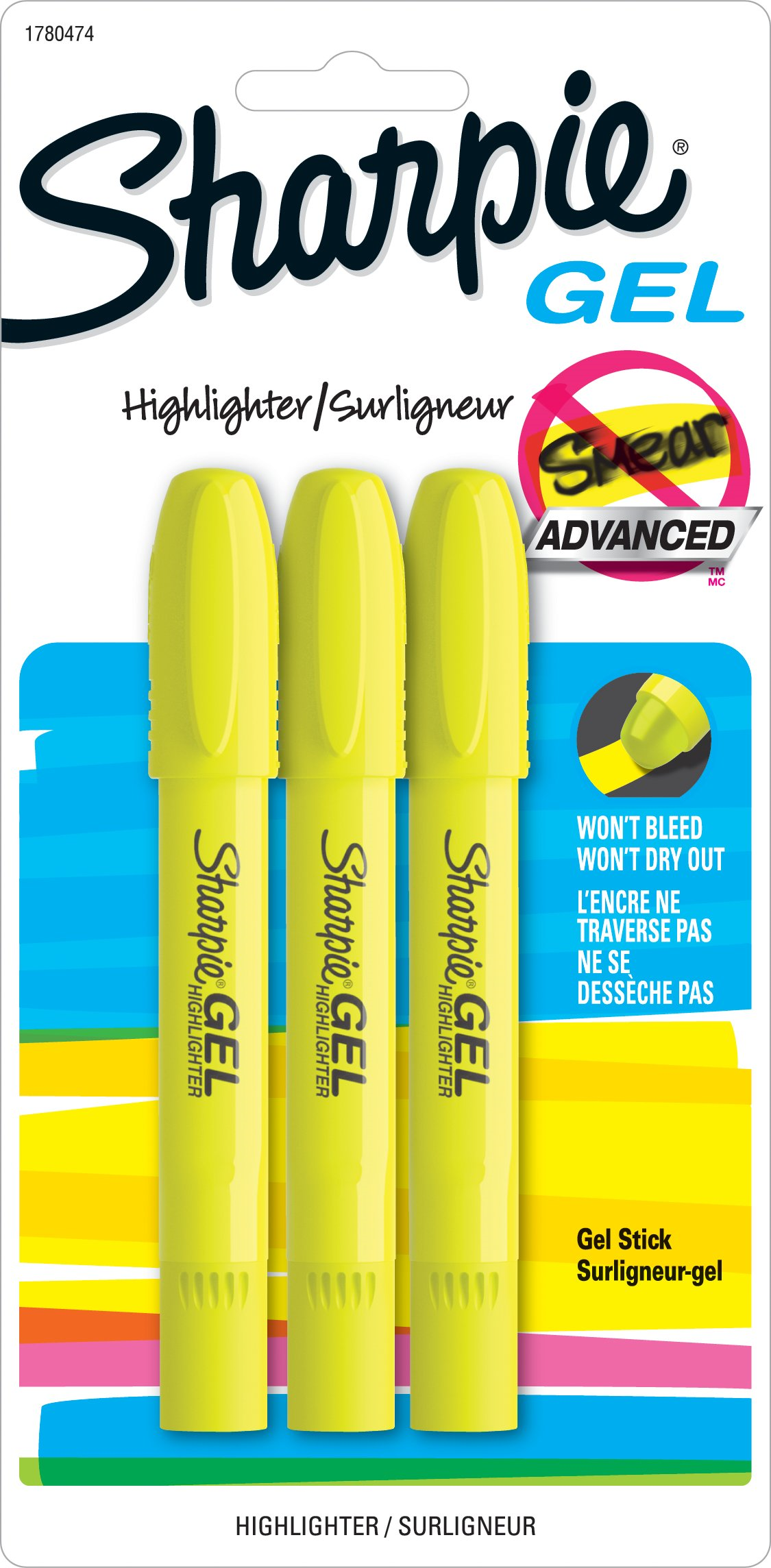 Sharpie Gel Highlighters, Bullet Tip, Yellow, 3 Count
