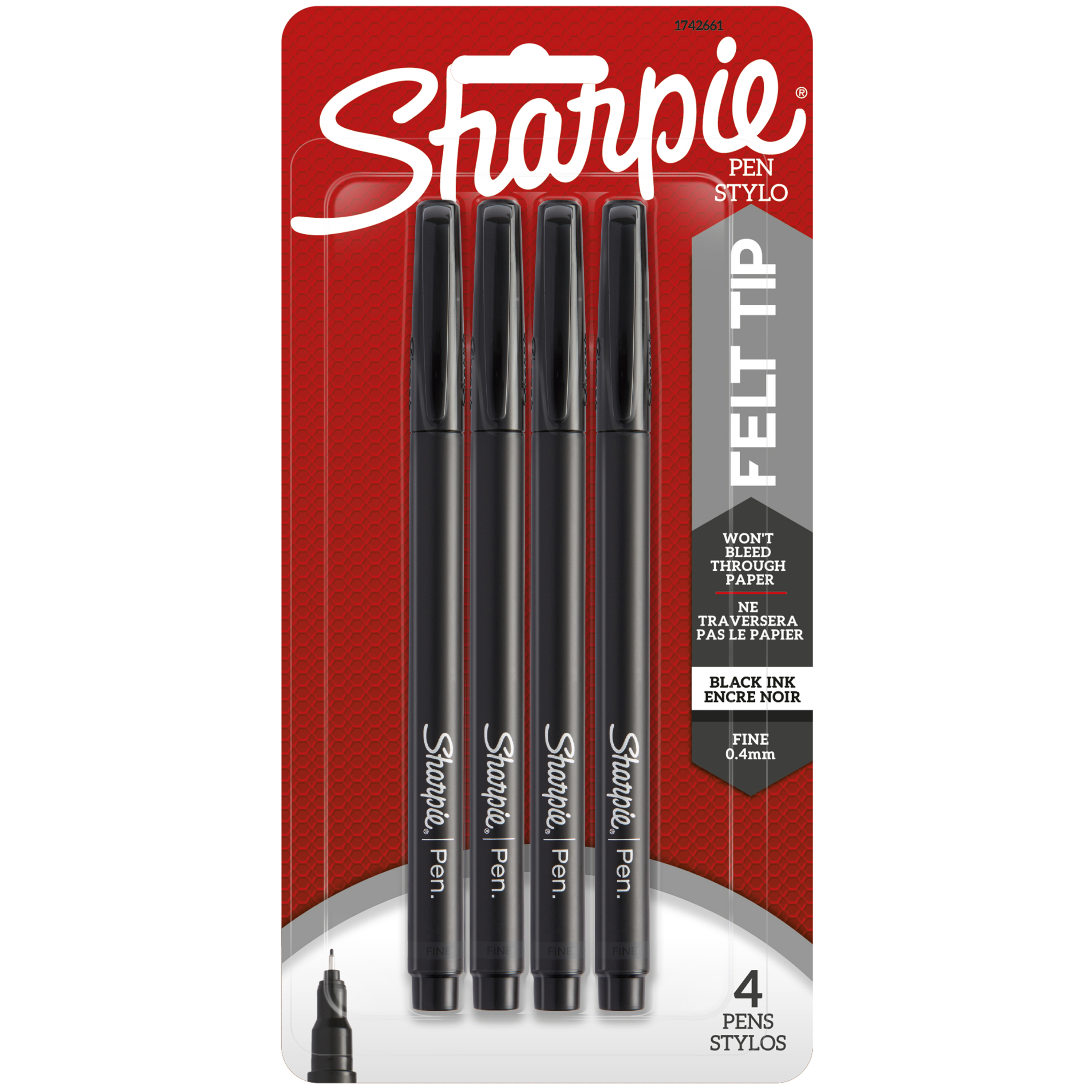 Sharpie Pens, Felt Tip, Fine Point (0.4 mm), Black, 4 Count