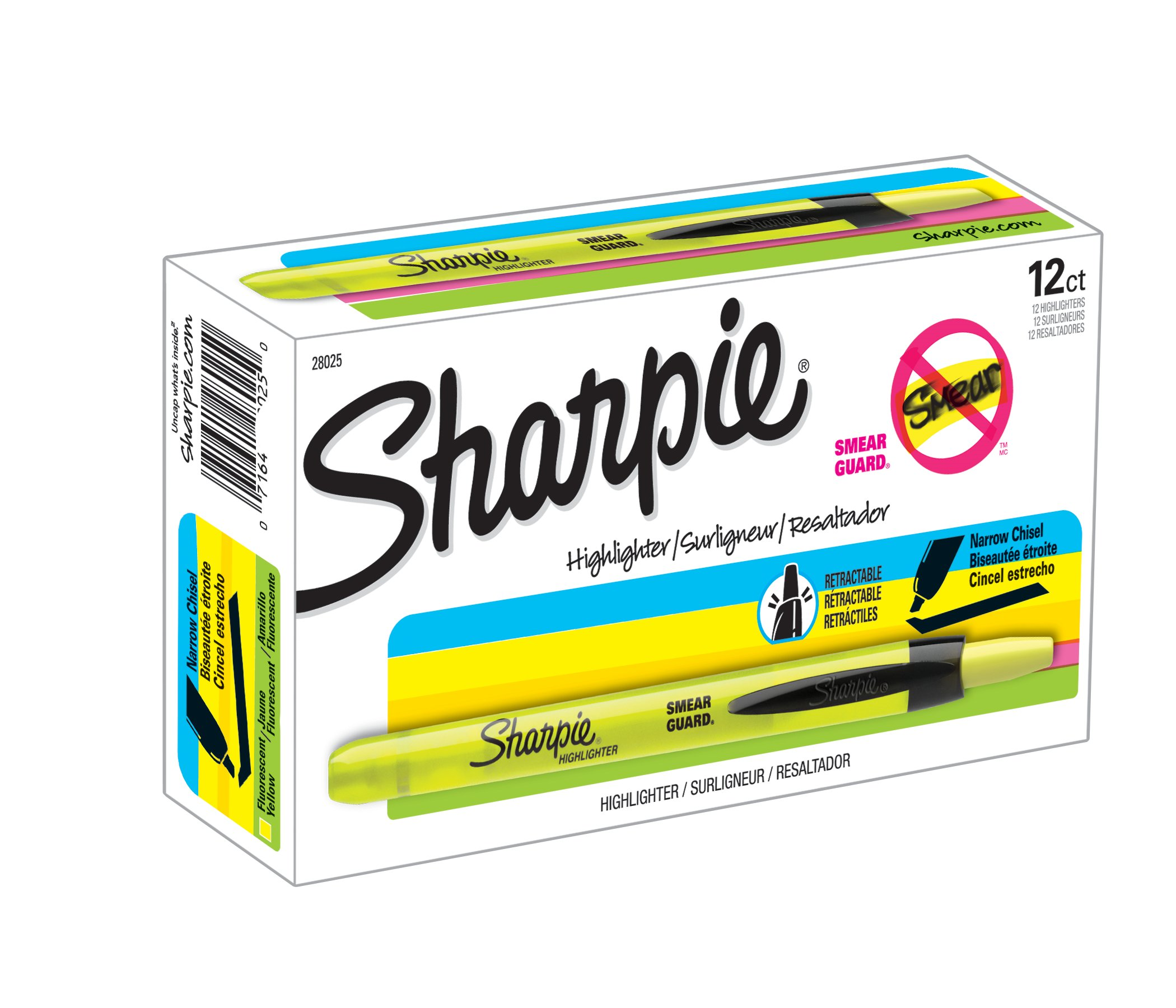 Sharpie Retractable Highlighter, Chisel Tip, Yellow, 1 Unit