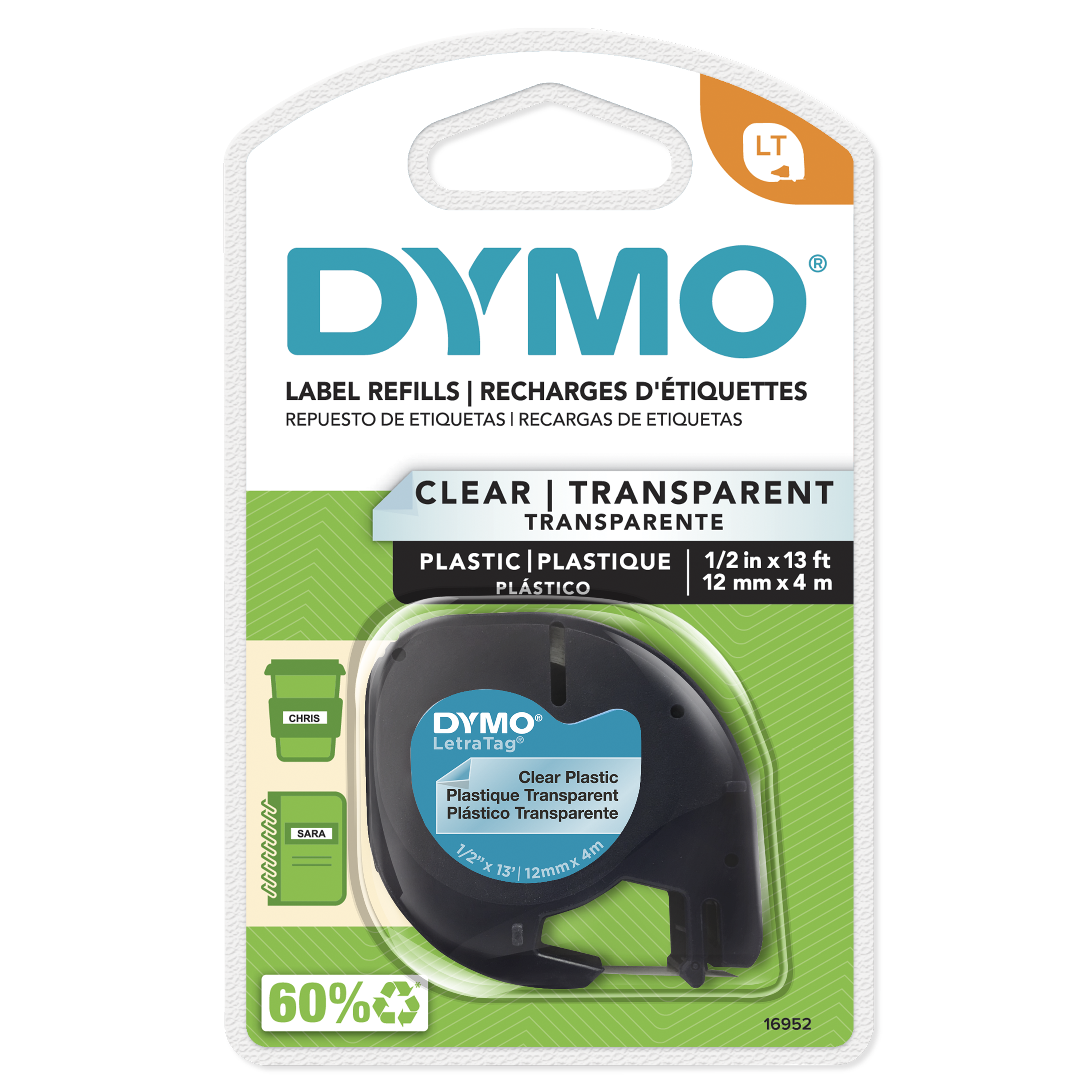 DYMO Labeling Tape for LetraTag Label Makers, Black Print on Clear Labels, 1/2" x 13-Foot Roll