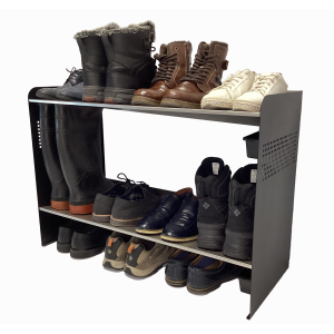 (CUSMA form attached) Rakabot Signature 2 tier chic and classy water and mud collecting shoe and boot rack that stores 7 pairs.  Stainless steel shelves. Powder coated mate black side panels. For a perfect entrance all year long. Made In Canada Invention.