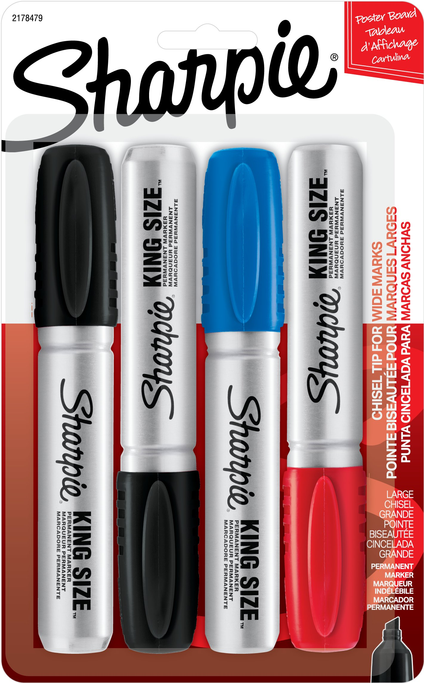 Sharpie King Size Permanent Markers, Chisel Tip, Assorted, 4/Pack