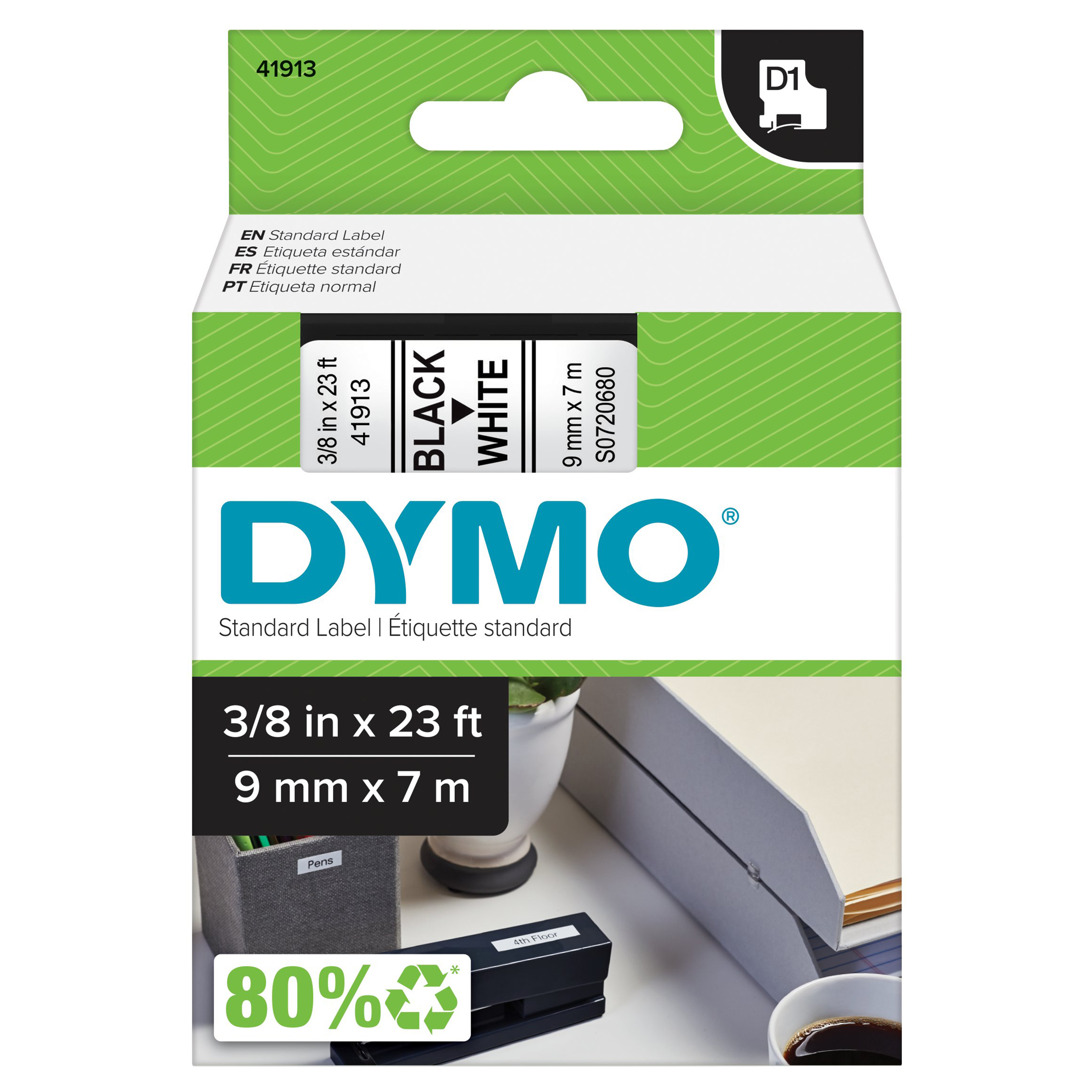 DYMO D1 Standard Labeling Tape for LabelManager Label Makers, Black print on White tape, 3/8'' W x 23' L, 1 cartridge