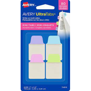 Mini Tabs 1 x 1.5, Pastel Colours, Lavender, Lt Blue, Lt Green, Pink, 80 pack