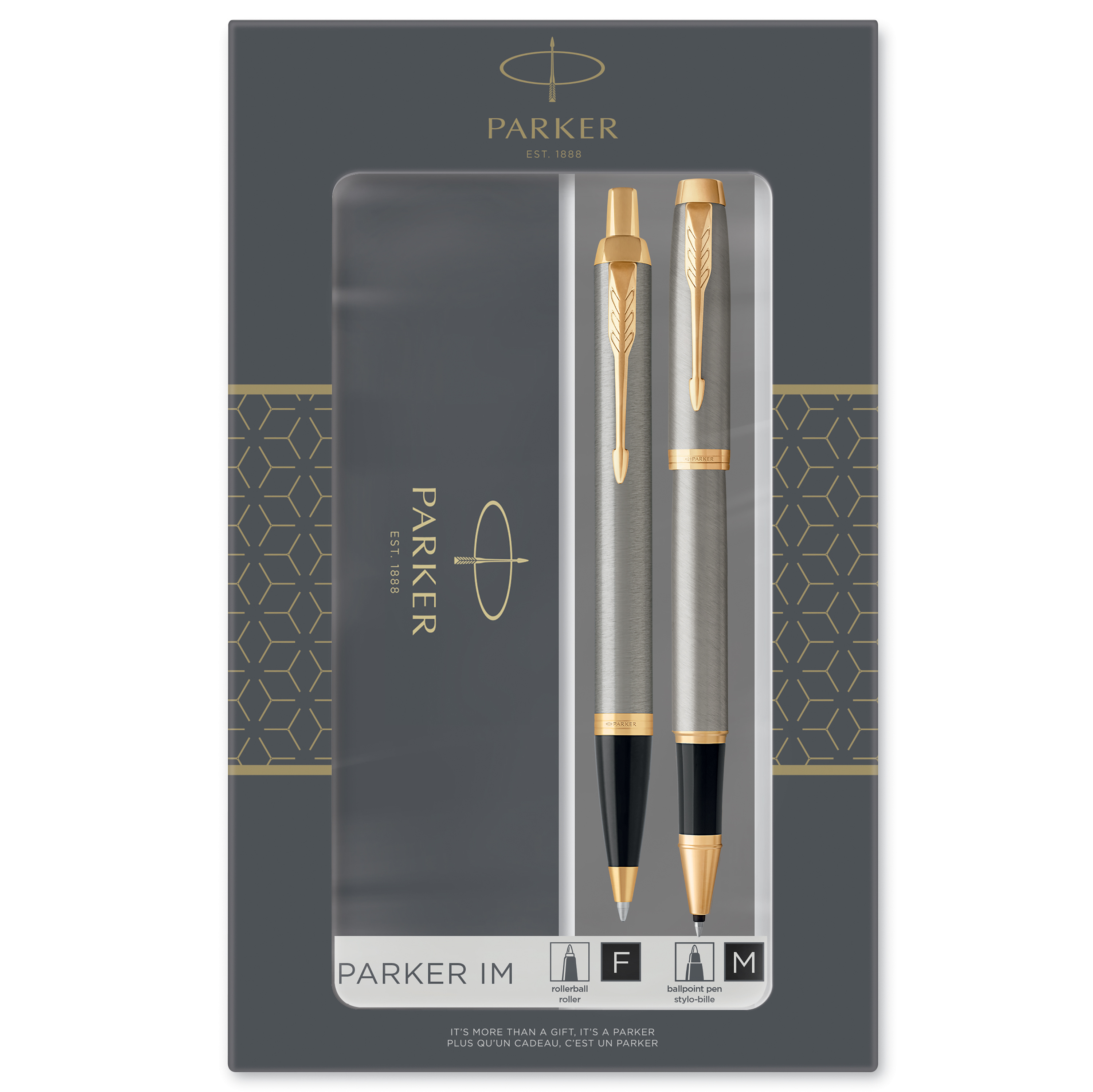 Parker IM Duo Gift Set with Ballpoint Pen & Rollerball Pen | Brushed Metal with Gold Trim | Black Ink Refill & Cartridge | Gift Box