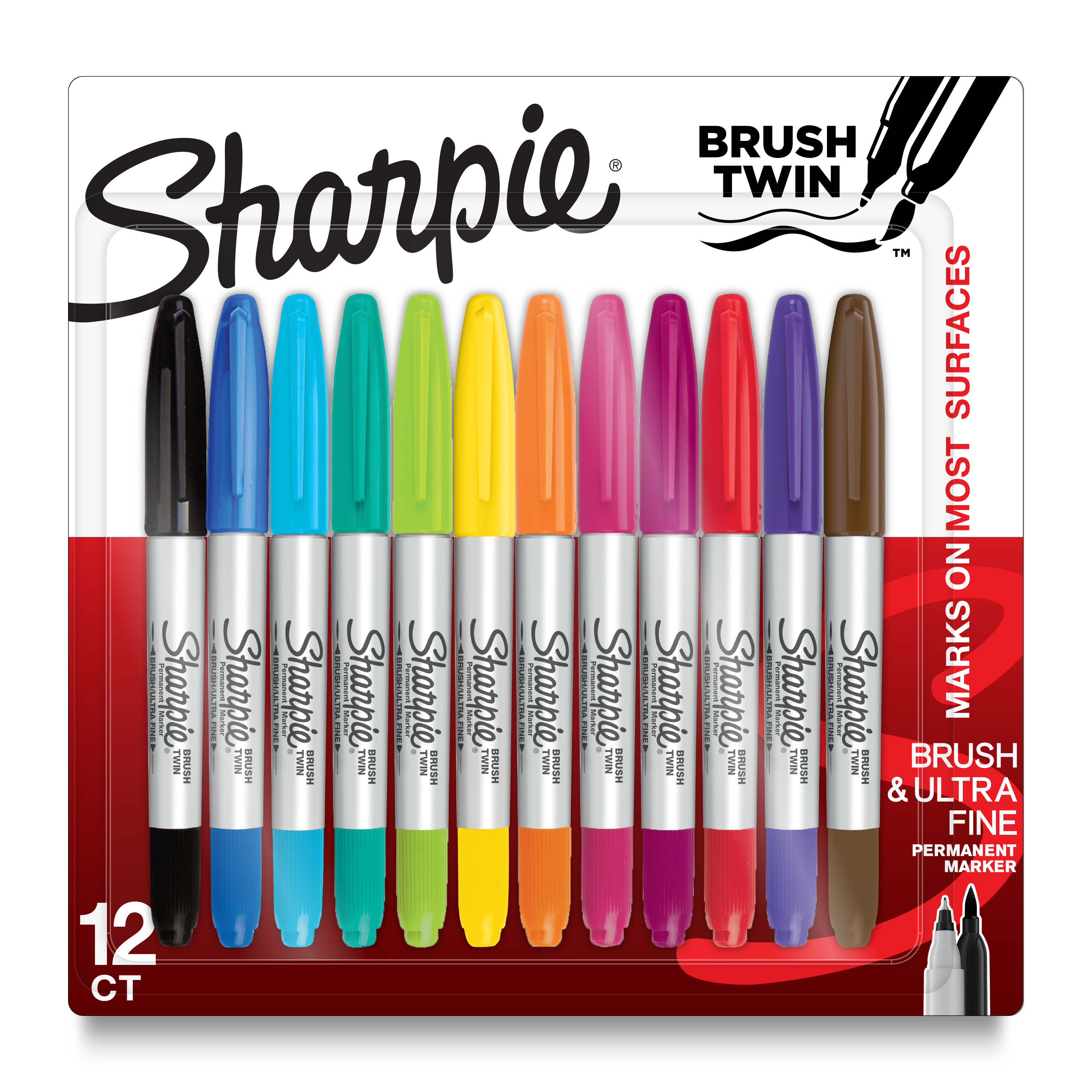 Sharpie Brush Twin Permanent Markers, Brush Tip Marker and Ultra Fine Tip Marker, Assorted Colours, 12 Count