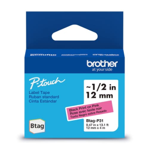 Brother Genuine BTAGP31 Non-Laminated Tape for P-touch Label Makers, Black on Pink ? 12 mm wide x 4 m long