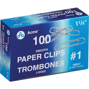 Nickel Plated Paper Clips 1-1/4" ? 33 mm Smooth Finish - 100 Per Box / Trombones nickeles 1-1/4 po ? 33 mm fini liss? - 100 par boite