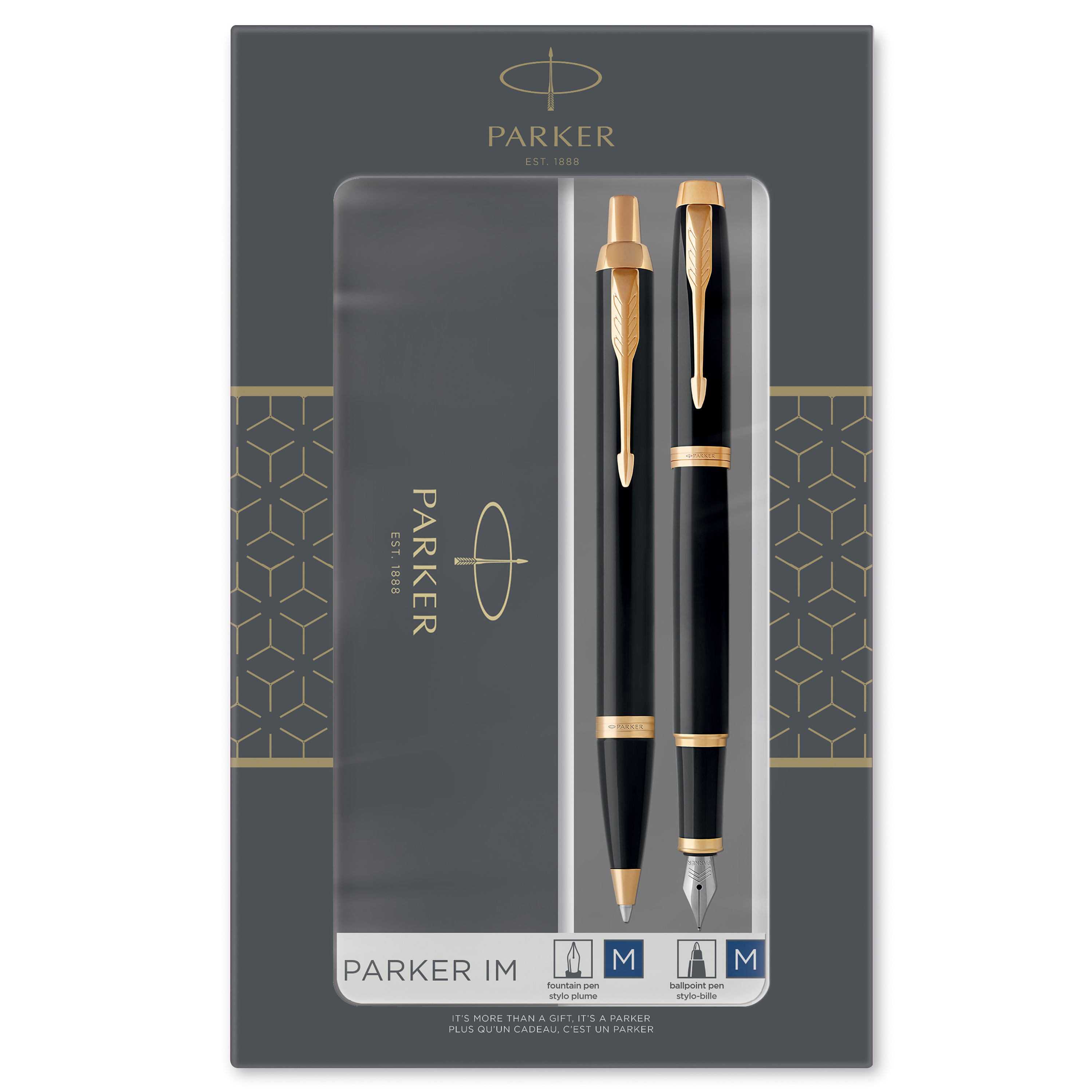 Parker IM Duo Gift Set with Ballpoint Pen & Fountain Pen | Gloss Black with Gold Trim | Blue Ink Refill & Cartridge | Gift Packaging