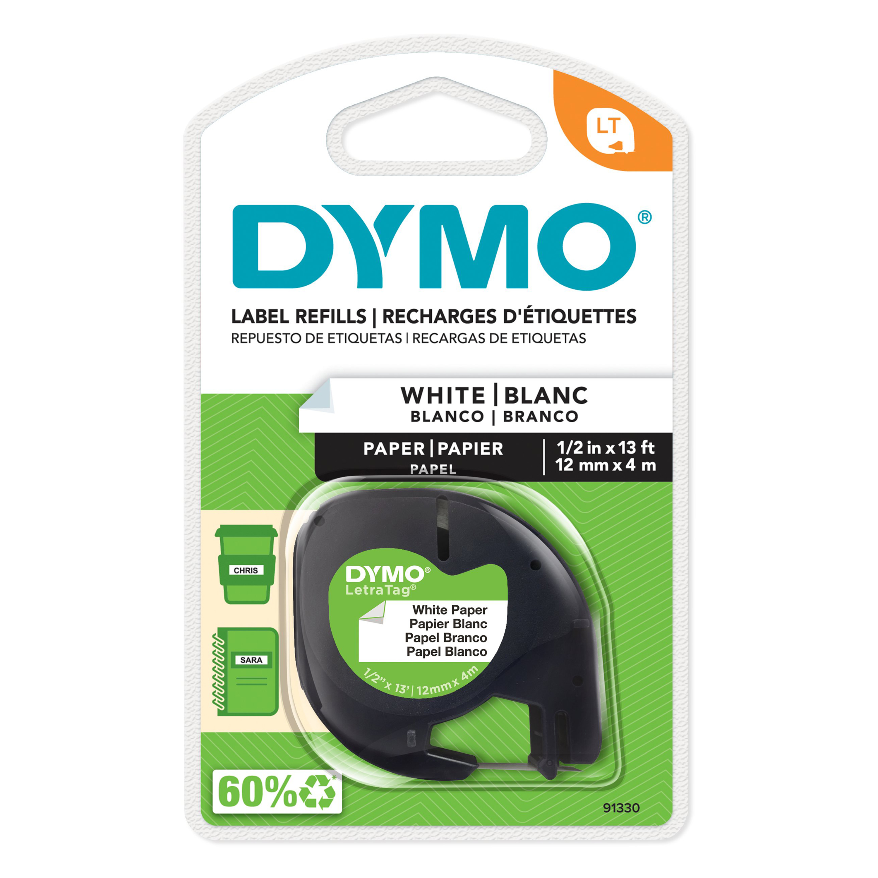 DYMO LT Paper Labels for LetraTag Label Makers, Black Print on White Labels, 1/2-Inch x 13-Foot Roll