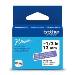 Brother Genuine BTAGF35 Non-Laminated Tape for P-touch Label Makers, White on Purple ? 12 mm wide x 4 m long