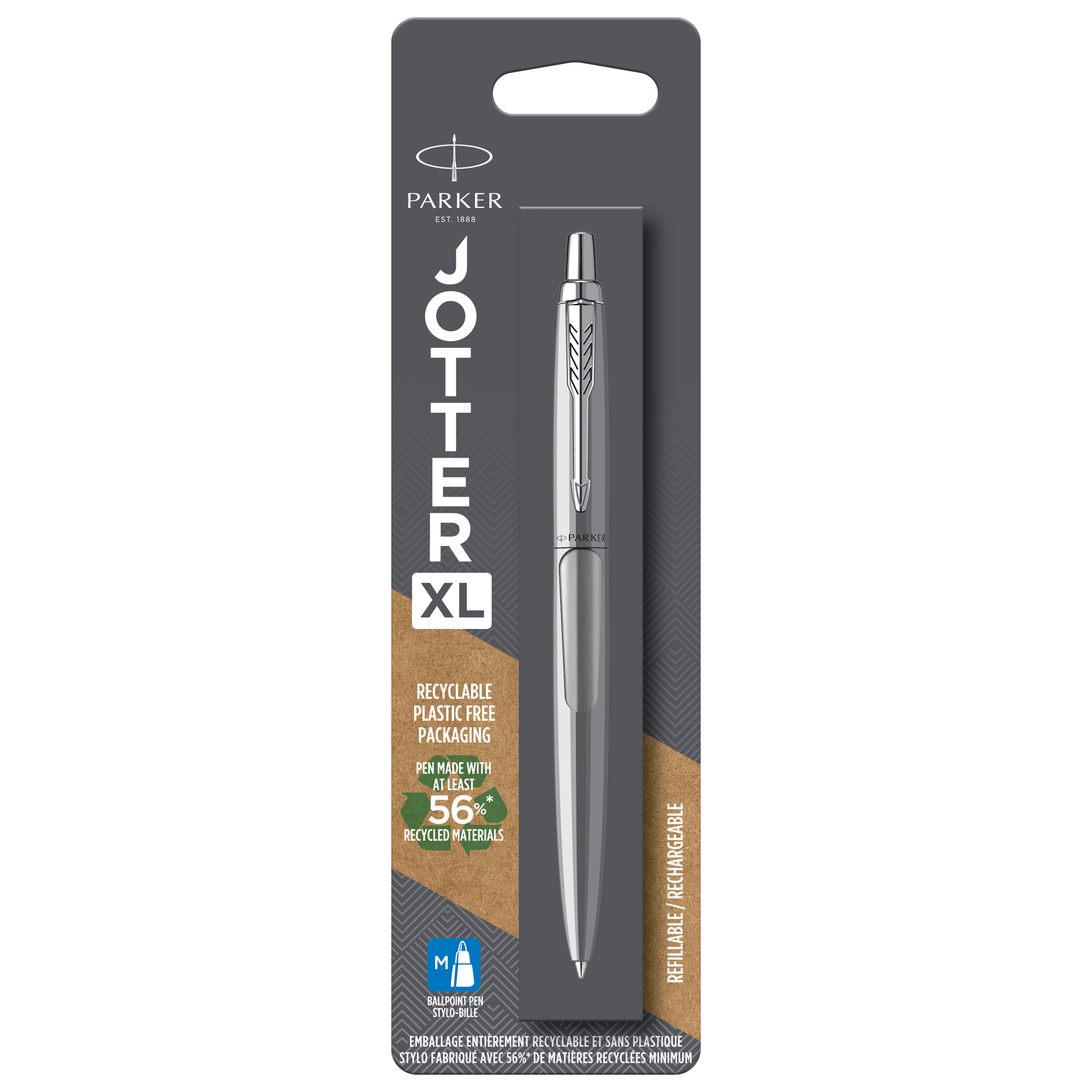 Parker Jotter XL Ballpoint Pen, Monochrome Stainless, Medium Point, Blue Ink, Blister Pack