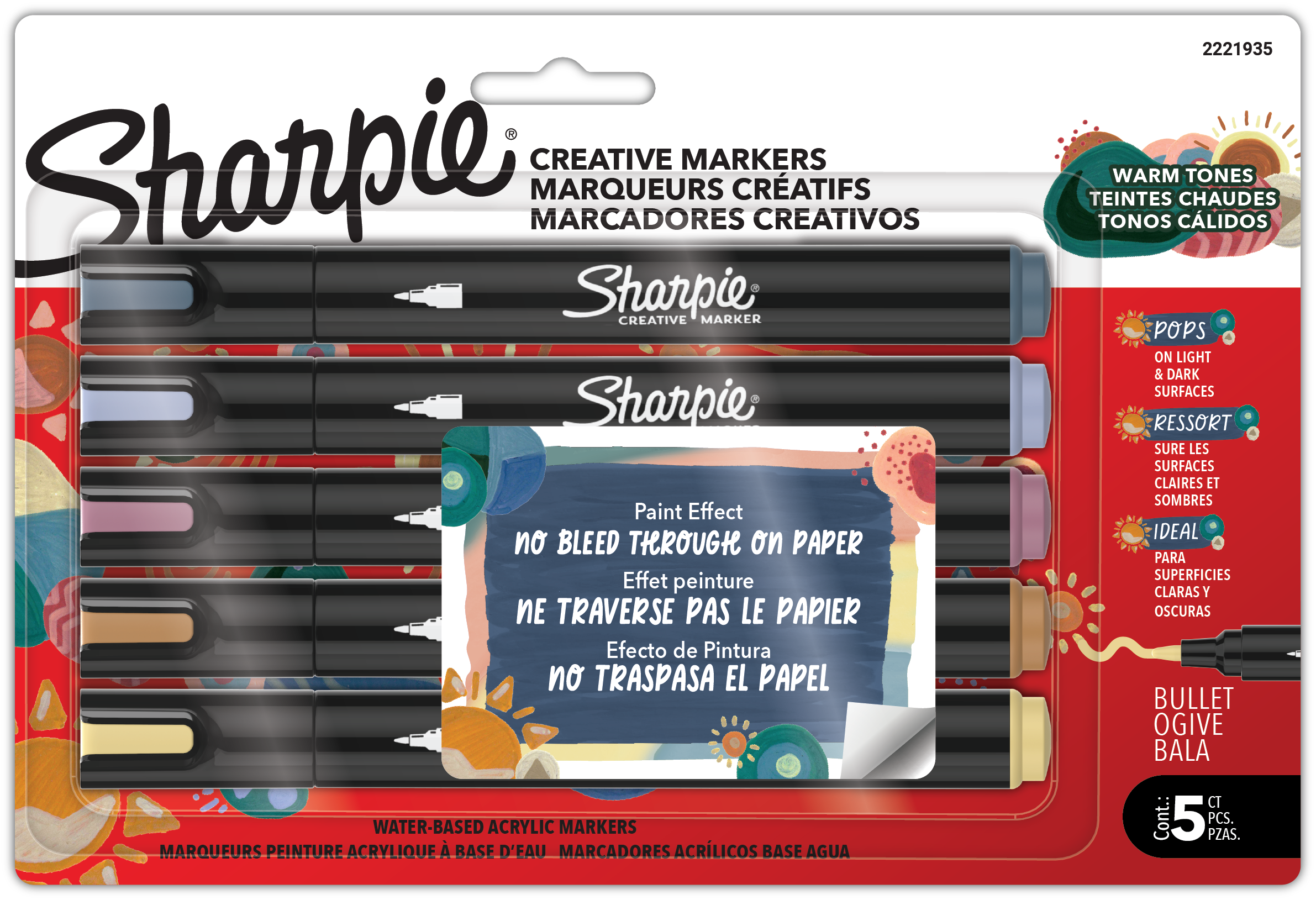 Sharpie Creative Markers, Warm Tones, Water-Based Acrylic Markers, Bullet Tip, Assorted Colours, 5 Count
