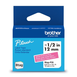 Brother Genuine BTAGP35 Non-Laminated Tape for P-touch Label Makers, White on Pink ? 12 mm wide x 4 m long