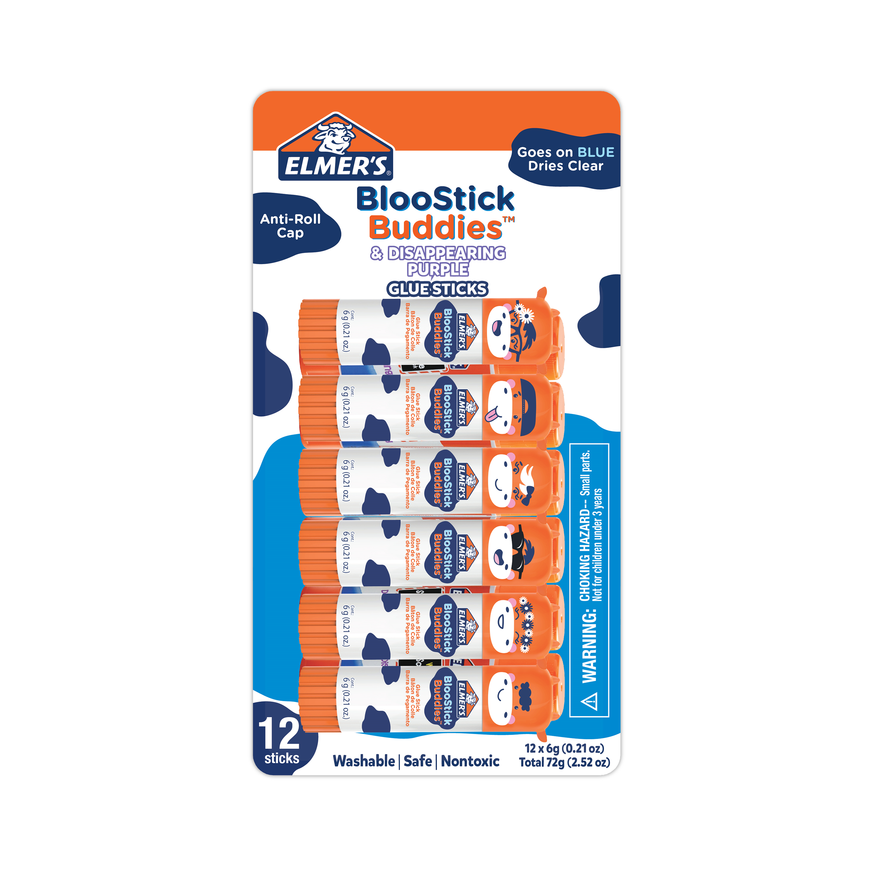 Elmer's BlooStick Buddies Glue Sticks, Disappearing Blue Glue Stick, Anti-Roll Cap, 6g, 12 Count