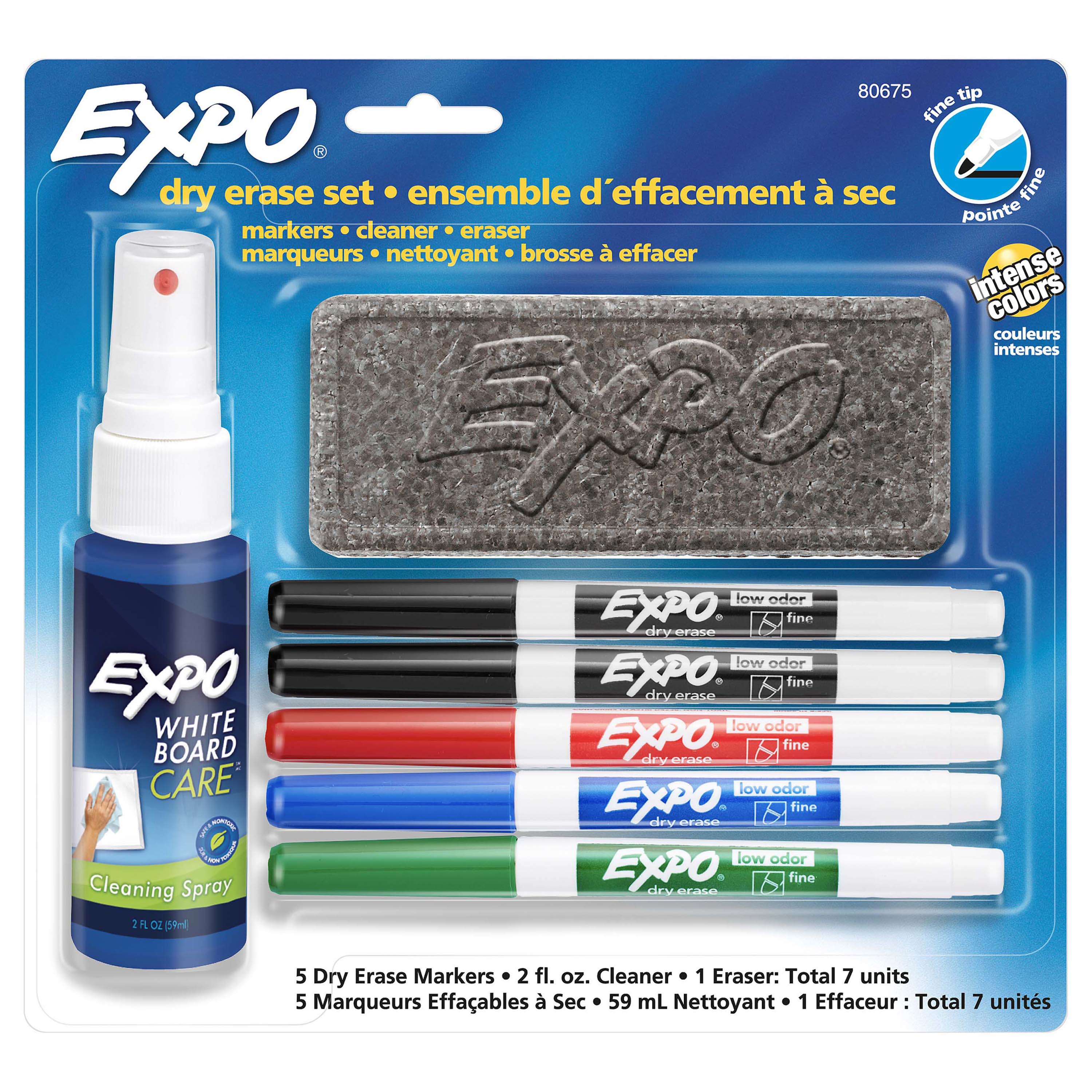 EXPO Dry Erase Markers Kit, Fine Tip, Assorted Colours, Eraser, Spray Cleaner, 7 Count