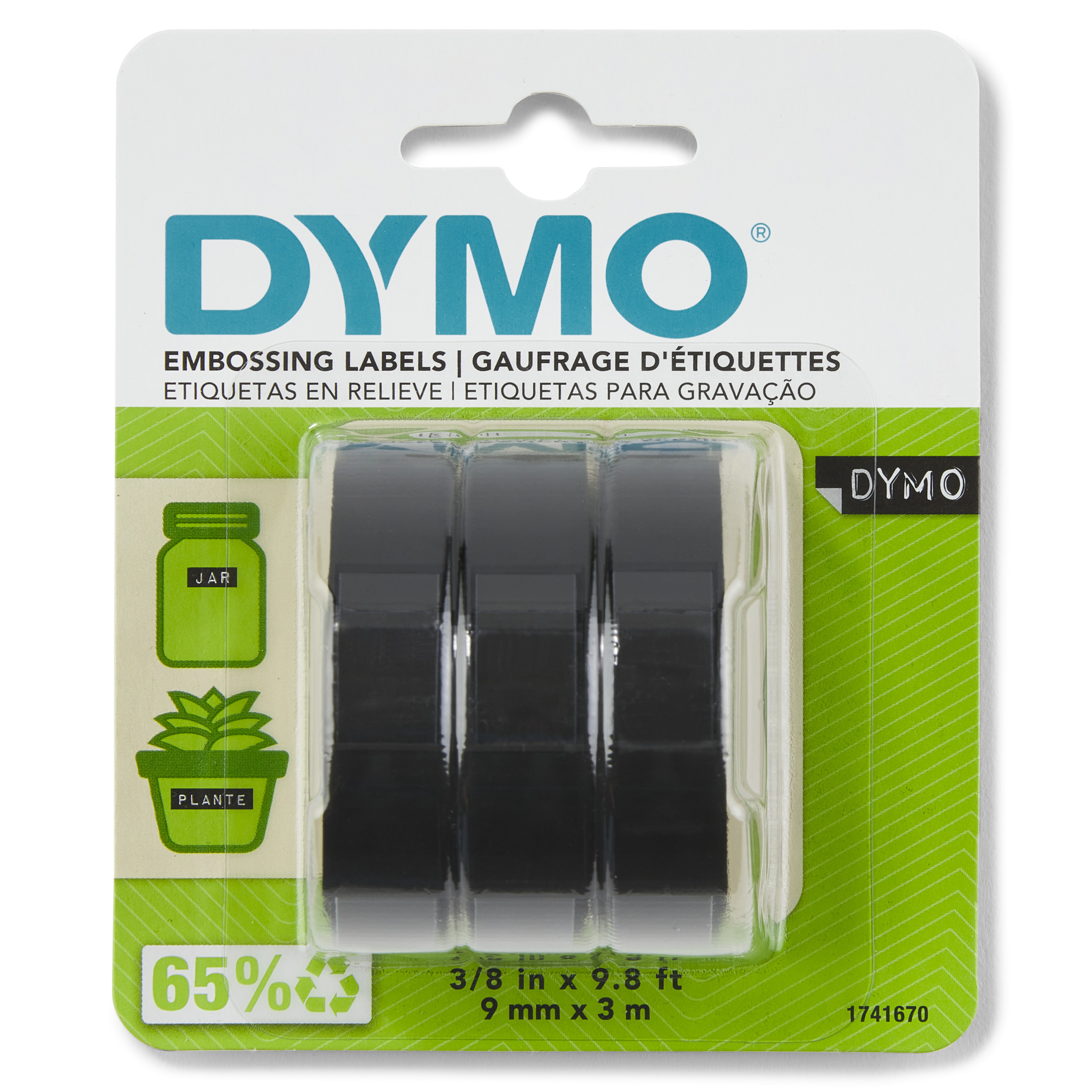 DYMO Self-Adhesive Embossing Labels, White Print on Black Tape, 3/8" x 9.8-Foot Rolls, 3 Pack