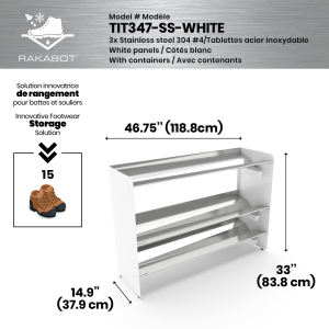 (CUSMA form attached) Commercial rustproof shoe and boot rack / 3 Tier / Shelf 46.25" stainless / Whitepanels /  Store 15 pairs / Rakabot Titan