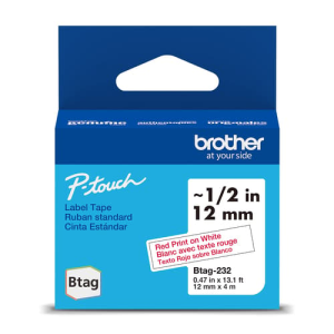 Brother Genuine BTAG232 Non-Laminated Tape for P-touch Label Makers, Red on White ? 12 mm wide x 4 m long