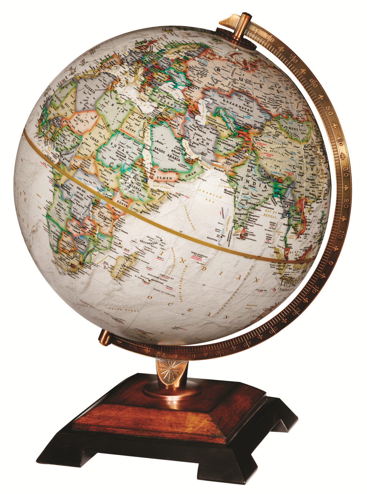 National Geographic Bingham 12"/30Cm Diameter Antique Parchment Ocean Desk Globe With Woodt Base And Die-Cast Semi- Meridian (English)