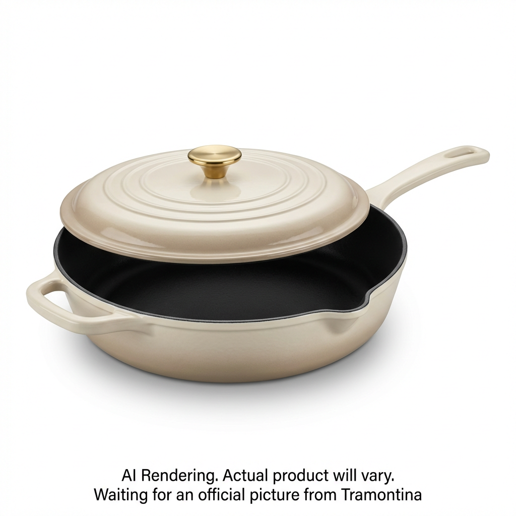 Tramontina Bestow 12 Inch Enameled Cast-Iron Covered Skillet, Latte