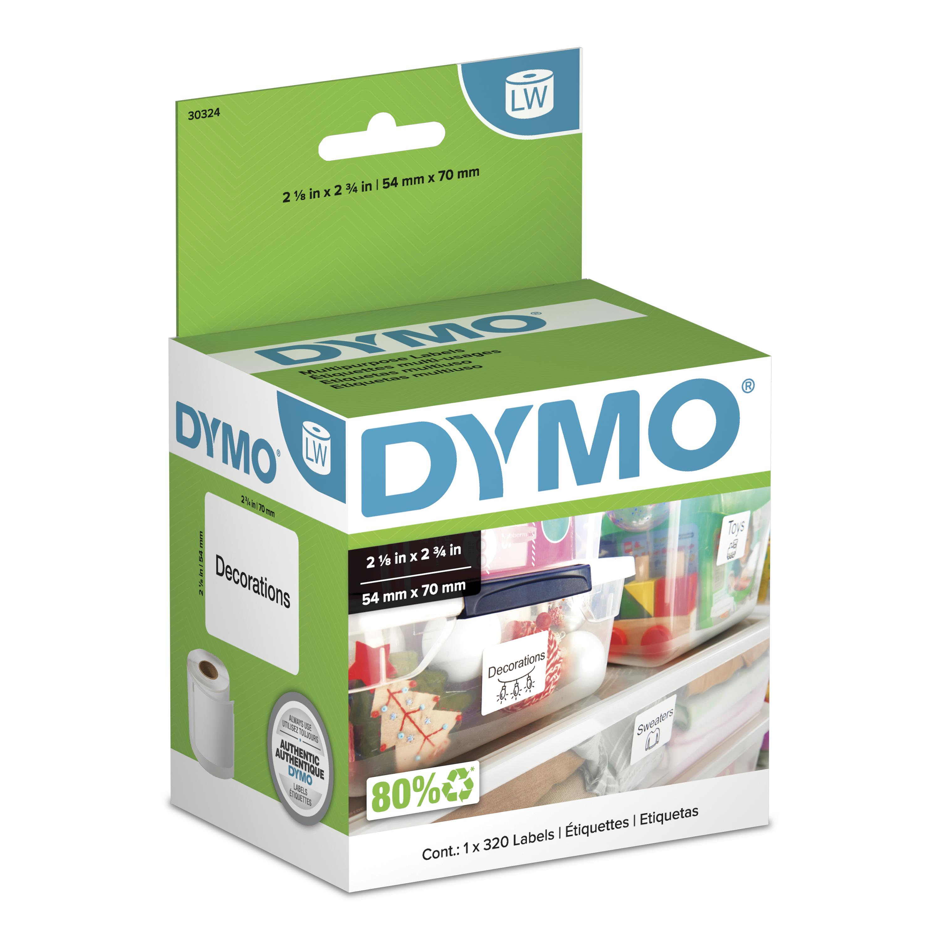 DYMO Authentic LW Large Multi-Purpose Labels, DYMO Labels for LabelWriter Label Printers, 2-1/8" x 2-3/4", 1 Roll of 320
