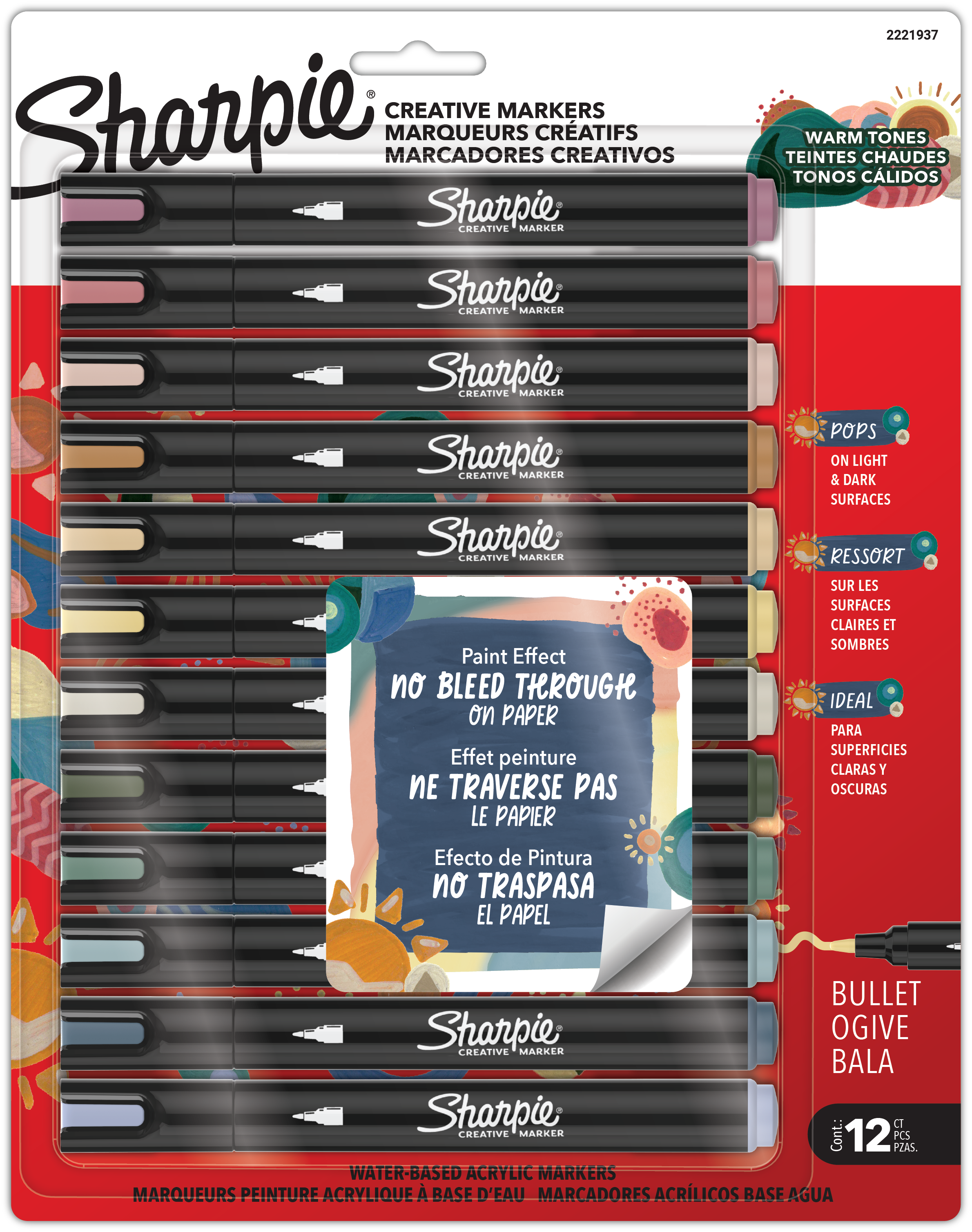 Sharpie Creative Markers, Warm Tones, Water-Based Acrylic Markers, Bullet Tip, Assorted Colours, 12 Count
