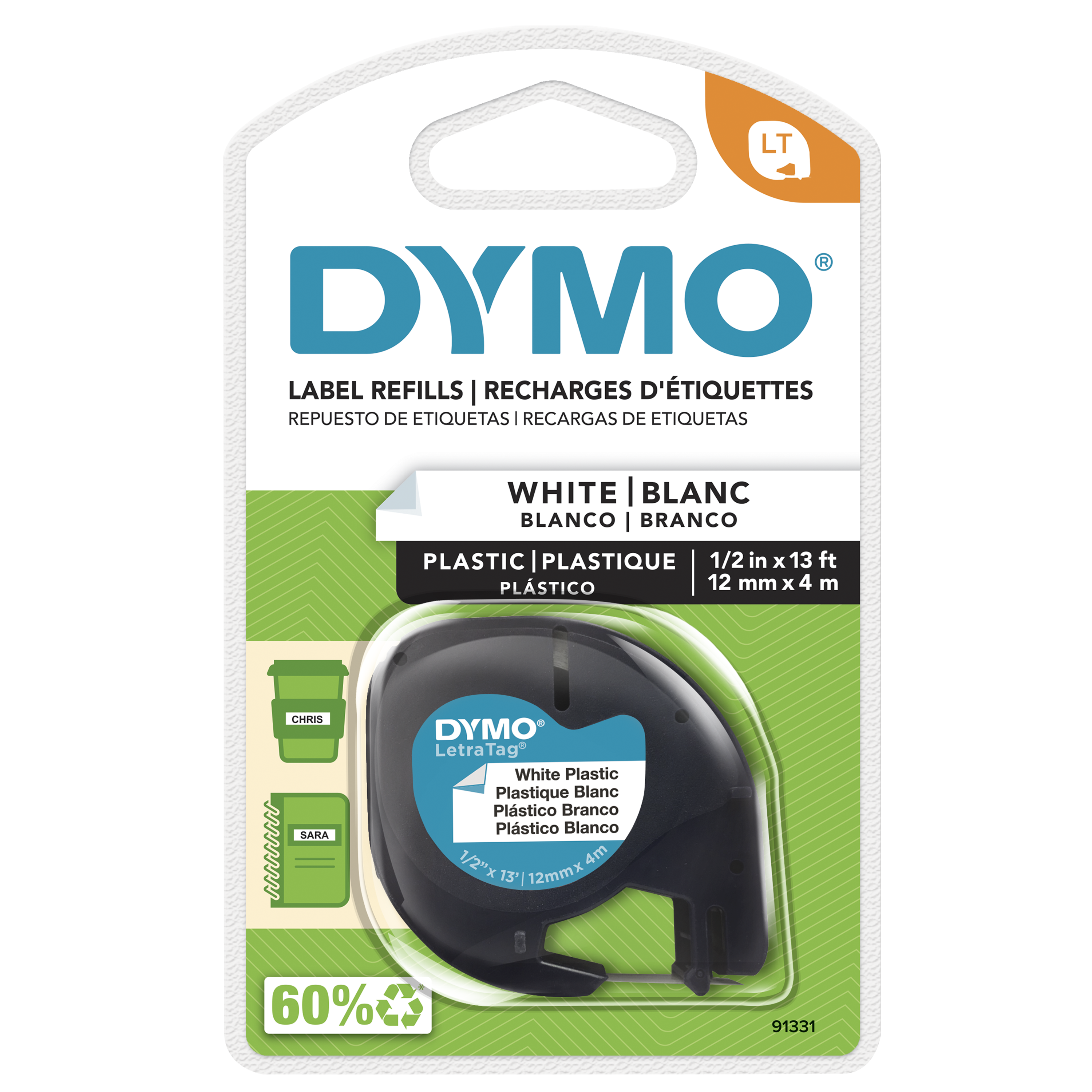 DYMO LT Plastic Labels for LetraTag Label Makers, Black Print on White Labels, 1/2" x 13-Foot Roll