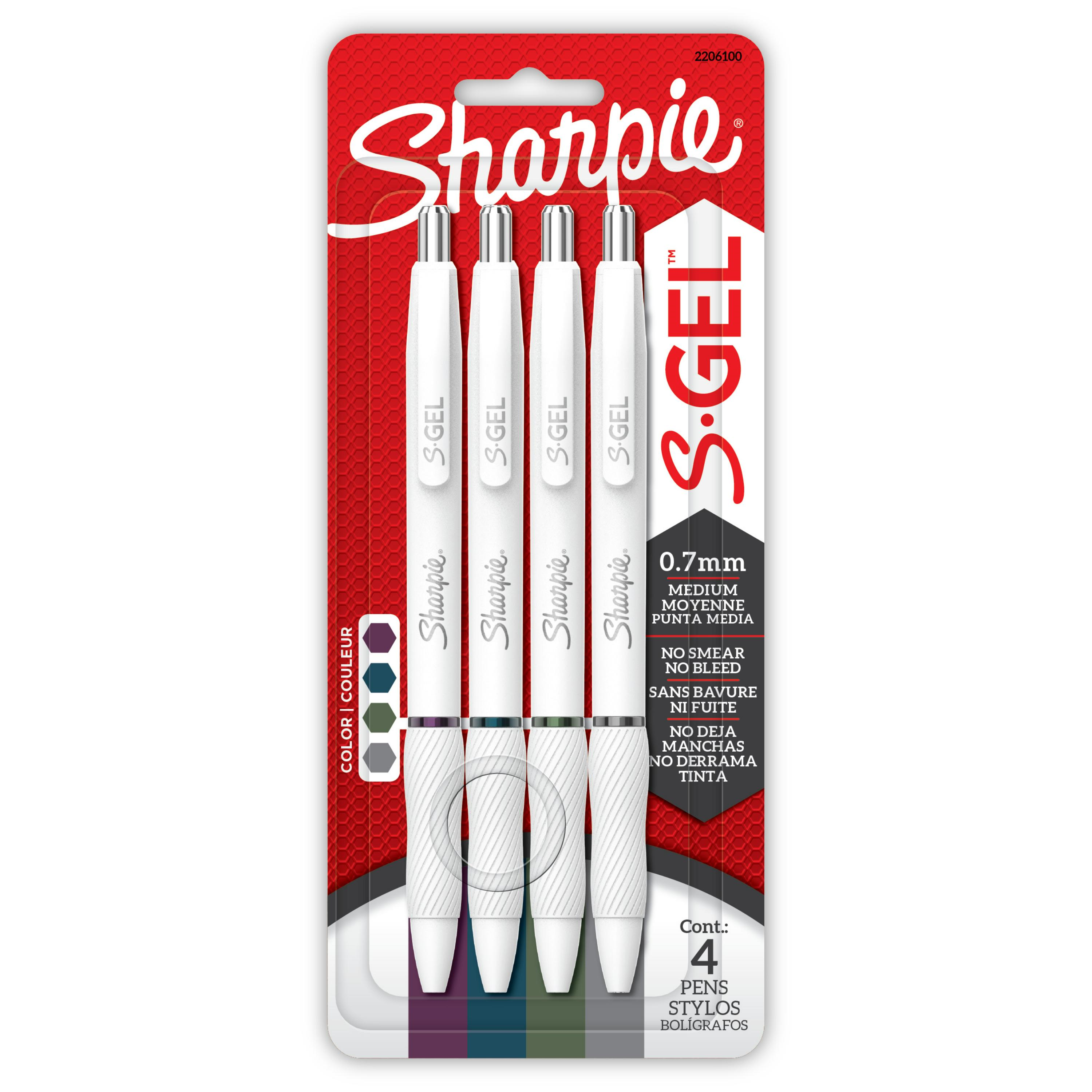 Sharpie S-Gel Pens, Fashion Barrel Gel Pens, Pearl White Body, Medium (0.7mm) Point, Rich Dark Colour Assortment, 4 Count